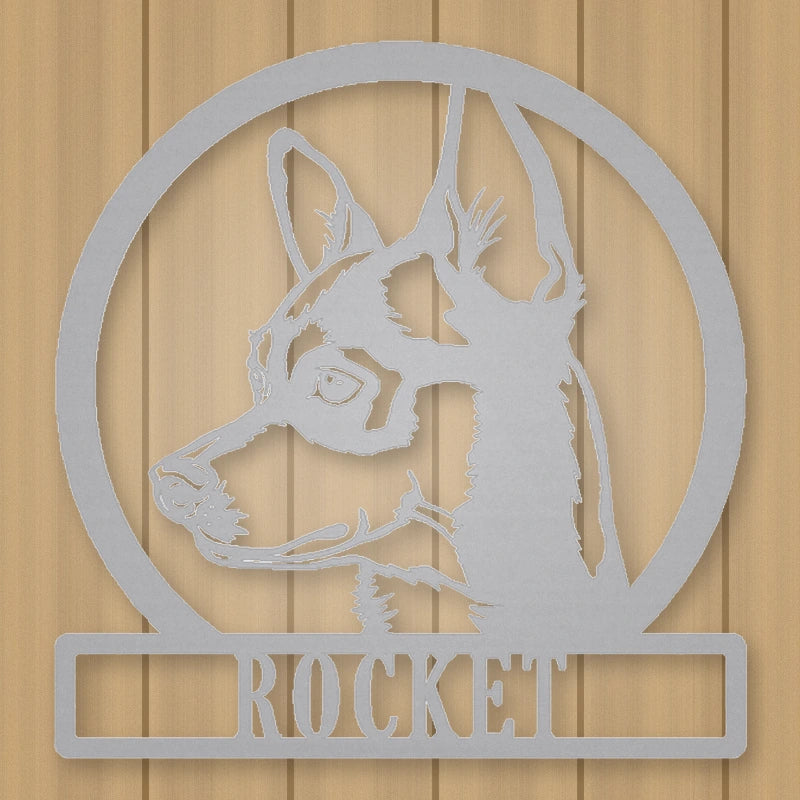 Chihuahua Dog Silhouette Personalized Name Metal Sign shown in Metallic Silver powder coat finish.