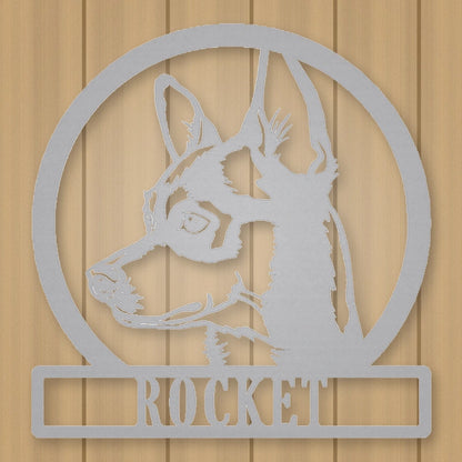 Chihuahua Dog Silhouette Personalized Name Metal Sign shown in Metallic Silver powder coat finish.