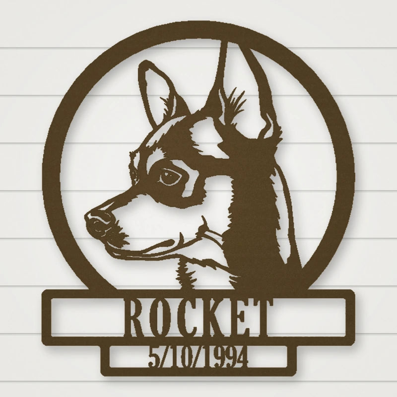 Chihuahua Dog Silhouette Personalized Name And Date Metal Sign shown in Metallic Bronze powder coat finish.