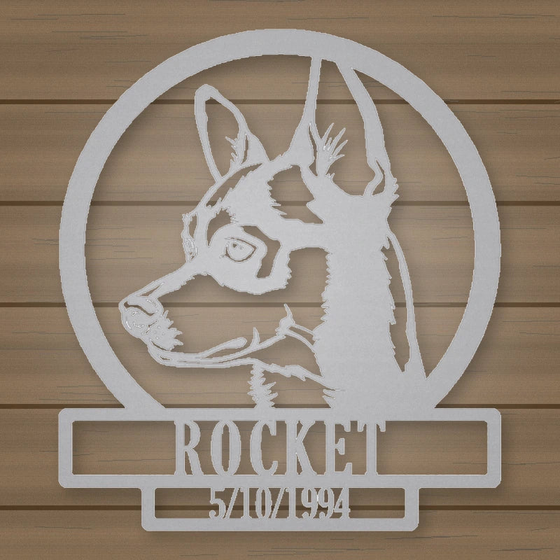 Chihuahua Dog Silhouette Personalized Name And Date Metal Sign shown in Metallic Silver powder coat finish.