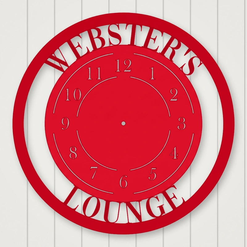 Modern Design Personalized Metal Wall Clock shown in Gloss Red powder coat finish.