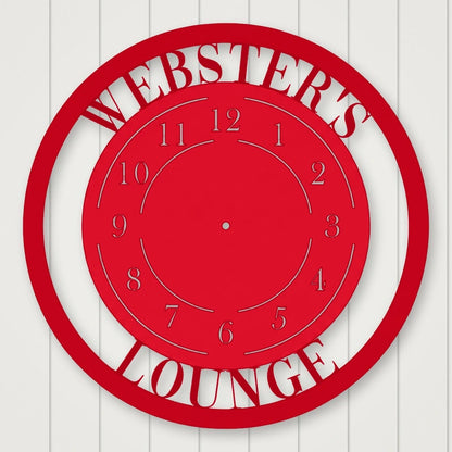 Modern Design Personalized Metal Wall Clock shown in Gloss Red powder coat finish.