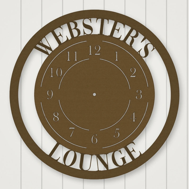 Modern Design Personalized Metal Wall Clock shown in Metallic Bronze powder coat finish.