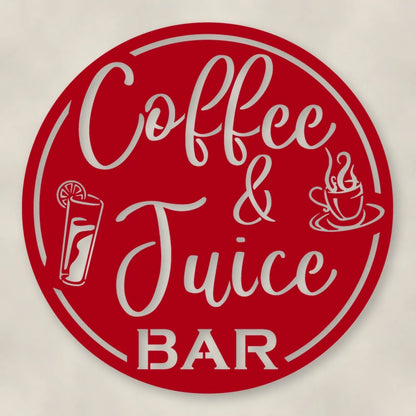 Coffee & Juice Bar Round Metal Wall Sign shown in Gloss Red powder coat finish.