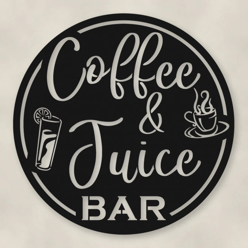 Coffee & Juice Bar Round Metal Wall Sign shown in Matte Black powder coat finish.