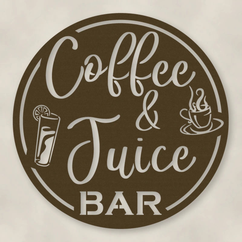 Coffee & Juice Bar Round Metal Wall Sign shown in Metallic Bronze powder coat finish.