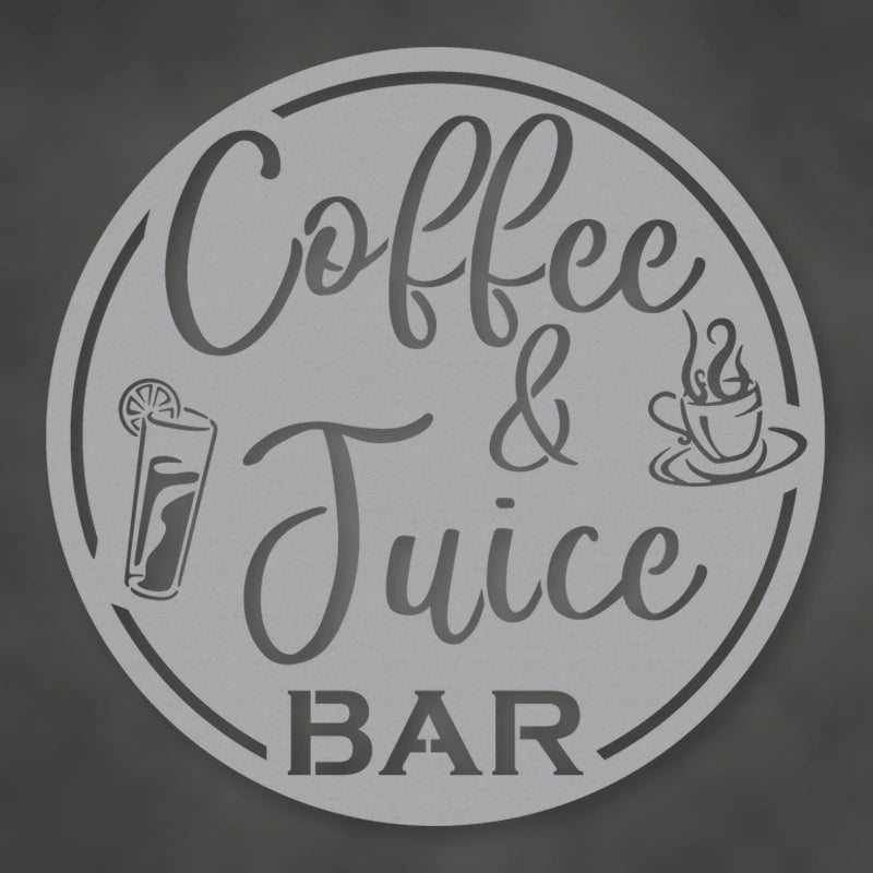 Coffee & Juice Bar Round Metal Wall Sign shown in Metallic Silver powder coat finish.