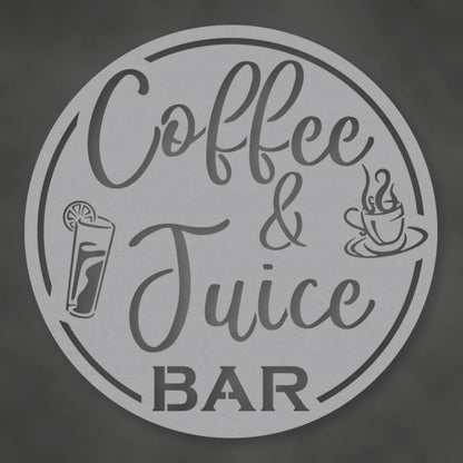 Coffee & Juice Bar Round Metal Wall Sign shown in Metallic Silver powder coat finish.