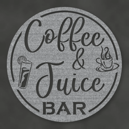Coffee & Juice Bar Round Metal Wall Sign Raw Steel / Rust animated finish preview Shopify Ready.