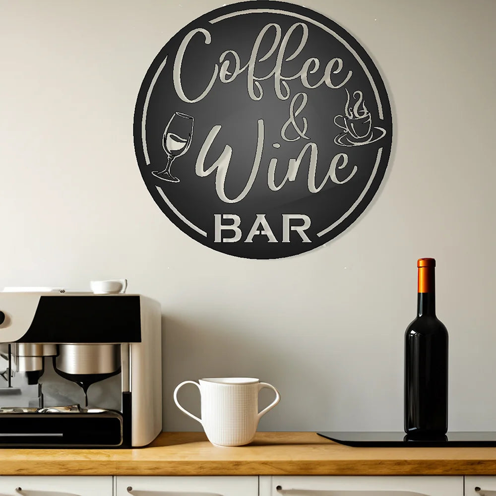 Coffee & Wine Bar Round Metal Wall Sign shown on a wall in a kitchen coffee bar space