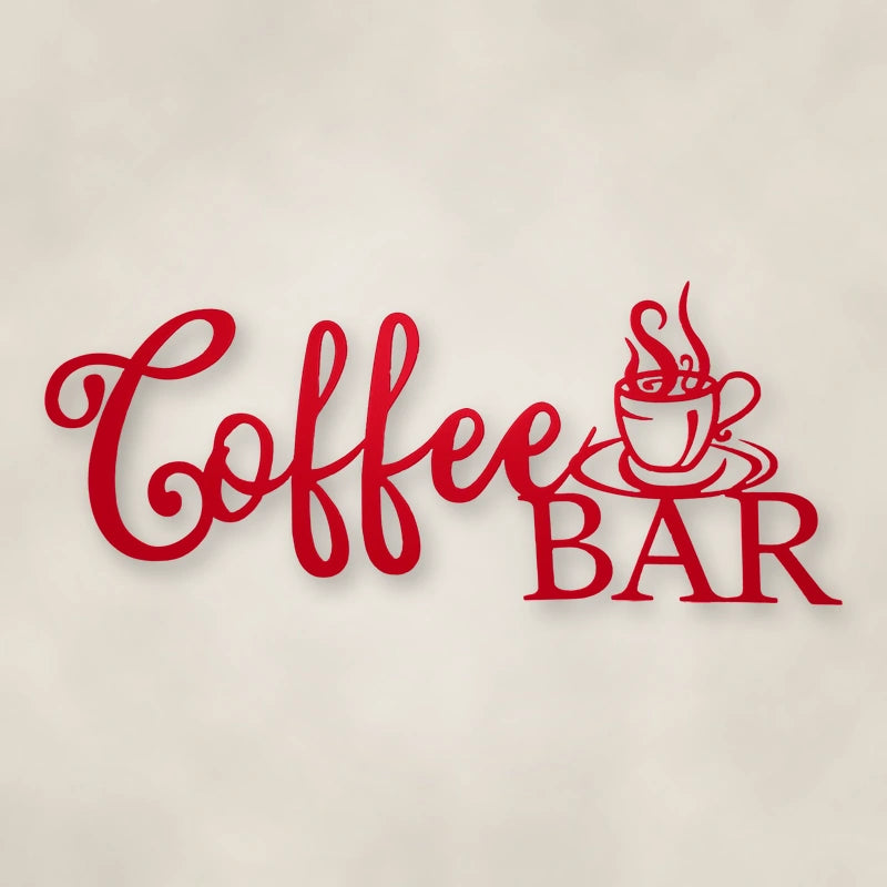Coffee Bar Script Metal Sign shown in Gloss Red powder coat finish.
