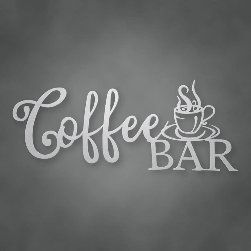 Coffee Bar Script Metal Sign shown in Metallic Silver powder coat finish.