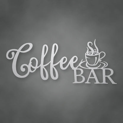 Coffee Bar Script Metal Sign shown in Metallic Silver powder coat finish.