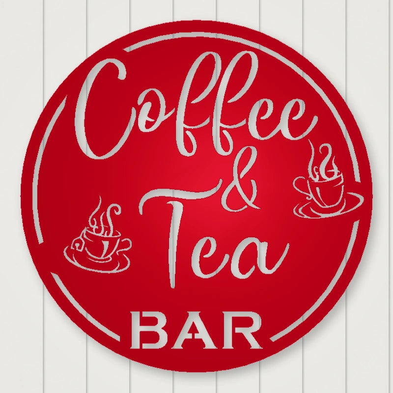 Coffee & Tea Bar Round Metal Wall Sign shown in Gloss Red powder coat finish.