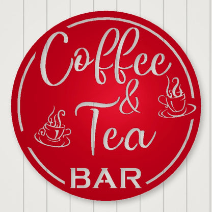 Coffee & Tea Bar Round Metal Wall Sign shown in Gloss Red powder coat finish.