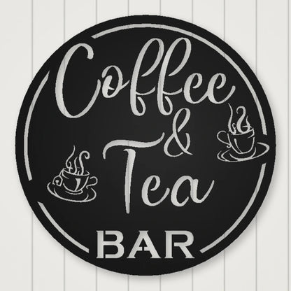 Coffee & Tea Bar Round Metal Wall Sign shown in Matte Black powder coat finish.