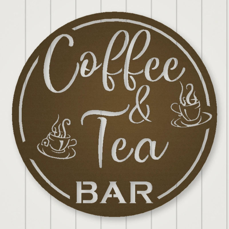 Coffee & Tea Bar Round Metal Wall Sign shown in Metallic Bronze powder coat finish.