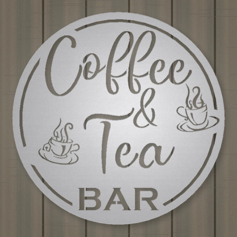 Coffee & Tea Bar Round Metal Wall Sign shown in Metallic Silver powder coat finish.