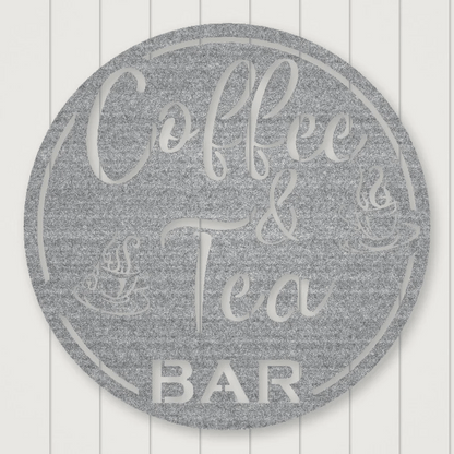 Coffee & Tea Bar Round Metal Wall Sign Raw Steel / Rust animated finish preview Shopify Ready.