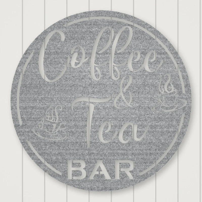 Coffee & Tea Bar Round Metal Wall Sign Raw Steel / Rust animated finish preview Shopify Ready.