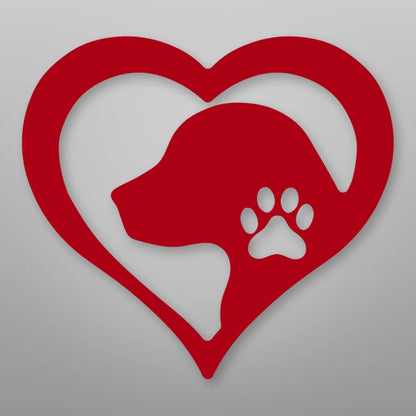 Dog Love Heart Metal Sign shown in Gloss Red powder coat finish.