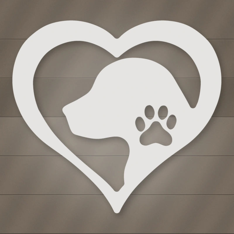 Dog Love Heart Metal Sign shown in Gloss White powder coat finish.