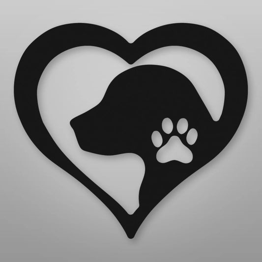 Dog Love Heart Metal Sign shown in Matte Black powder coat finish.