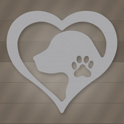 Dog Love Heart Metal Sign shown in Metallic Silver powder coat finish.