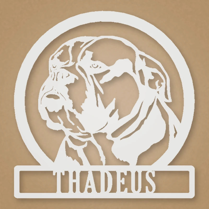 English Bulldog Silhouette With Personalized Name Metal Sign shown in Gloss White powder coat finish.