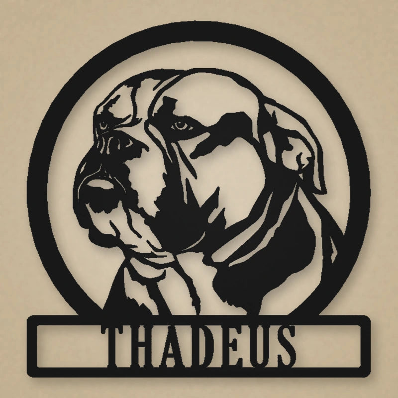 English Bulldog Silhouette With Personalized Name Metal Sign shown in Matte Black powder coat finish.