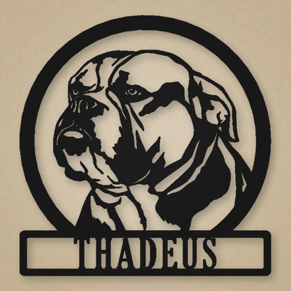 English Bulldog Silhouette With Personalized Name Metal Sign shown in Matte Black powder coat finish.