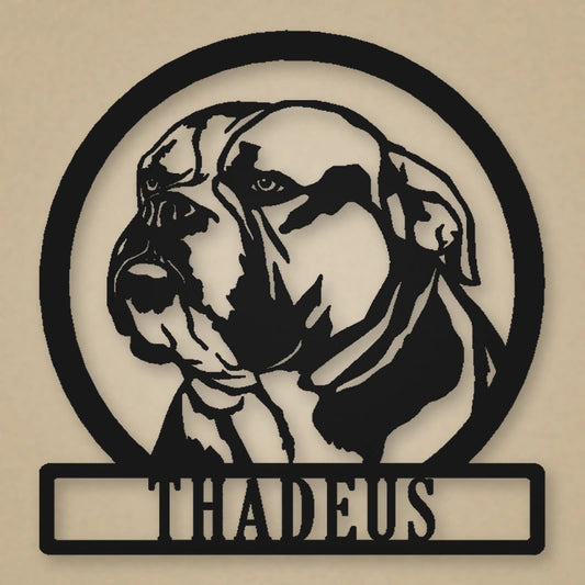English Bulldog Silhouette With Personalized Name Metal Sign shown in Matte Black powder coat finish.