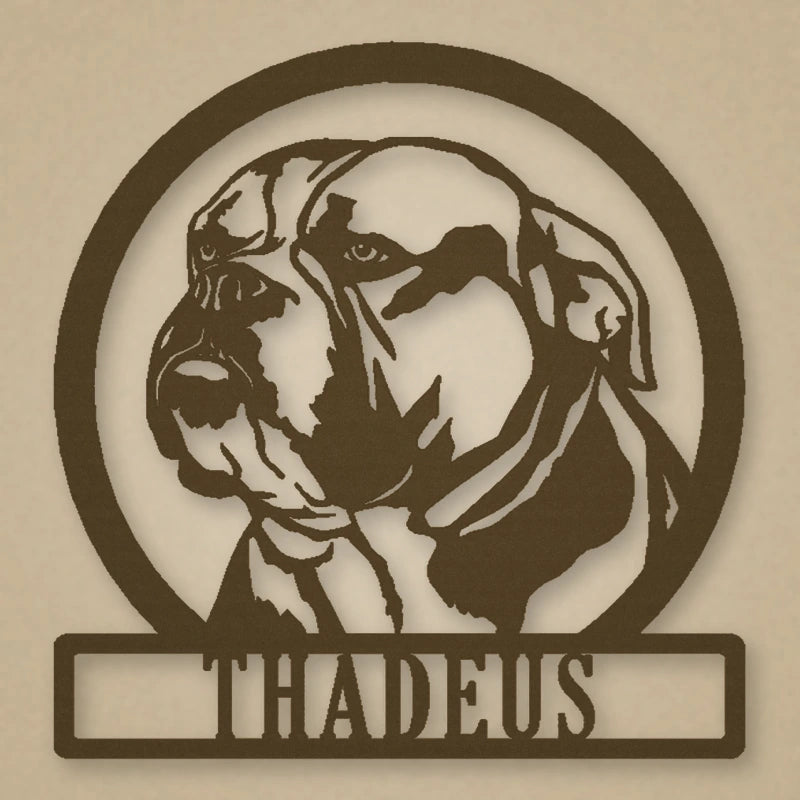 English Bulldog Silhouette With Personalized Name Metal Sign shown in Metallic Bronze powder coat finish.