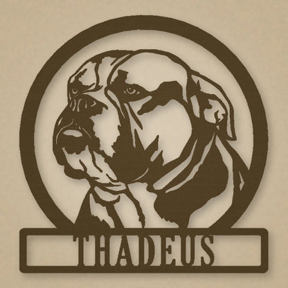 English Bulldog Silhouette With Personalized Name Metal Sign shown in Metallic Bronze powder coat finish.