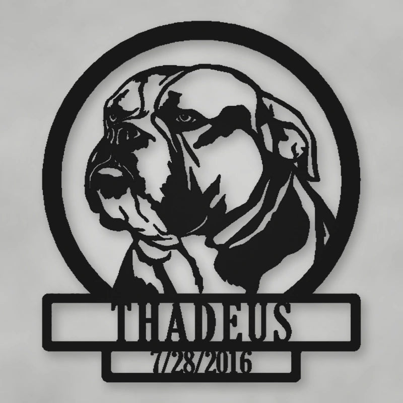 English Bulldog Silhouette With Personalized Name And Date Metal Sign shown in Matte Black powder coat finish.