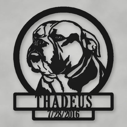 English Bulldog Silhouette With Personalized Name And Date Metal Sign shown in Matte Black powder coat finish.