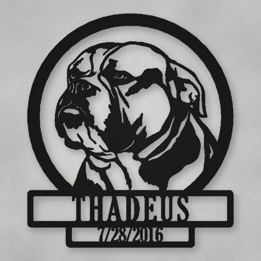 English Bulldog Silhouette With Personalized Name And Date Metal Sign shown in Matte Black powder coat finish.