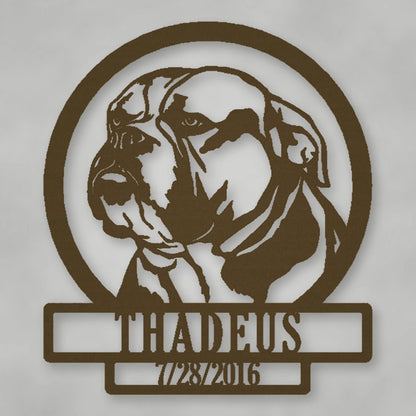 English Bulldog Silhouette With Personalized Name And Date Metal Sign shown in Metallic Bronze powder coat finish.