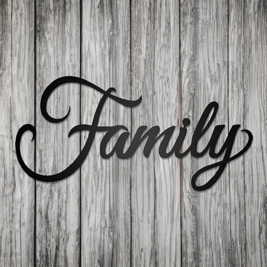Family Script Metal Sign on gray wood background