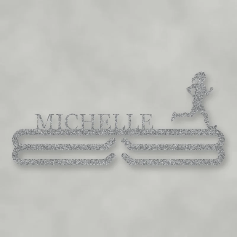 Personalized Female Runner Silhouette Medal Hanger Raw Steel / Rust animated finish preview Shopify Ready.