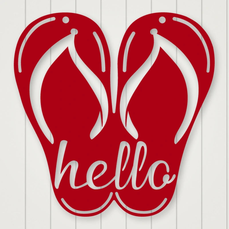 Flip Flop Metal Sign- Hello shown in Gloss Red powder coat finish.