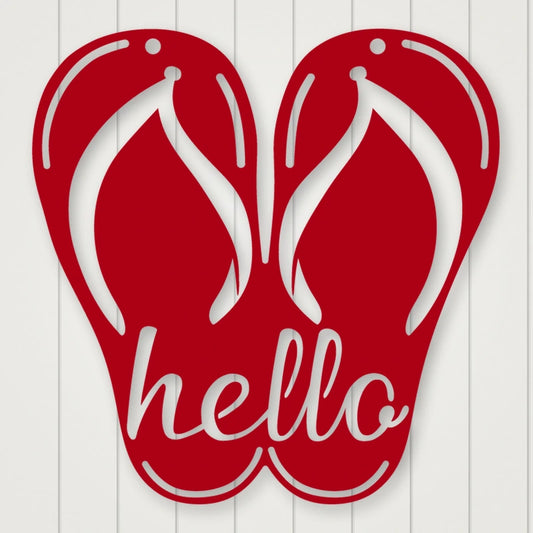 Flip Flop Metal Sign- Hello shown in Gloss Red powder coat finish.