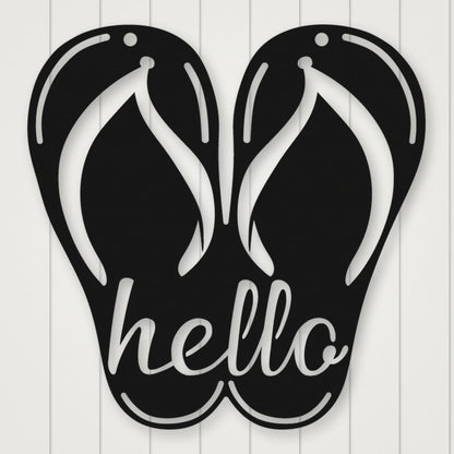 Flip Flop Metal Sign- Hello shown in Matte Black powder coat finish.