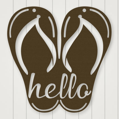 Flip Flop Metal Sign- Hello shown in Metallic Bronze powder coat finish.