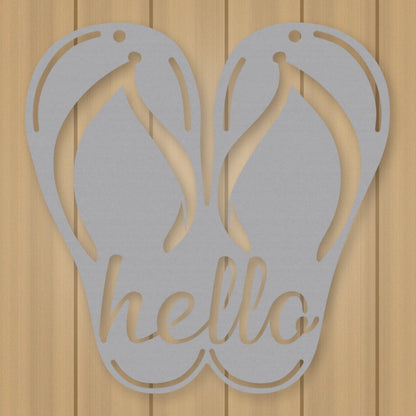 Flip Flop Metal Sign- Hello shown in Metallic Silver powder coat finish.