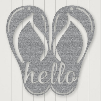 Flip Flop Metal Sign- Hello Raw Steel / Rust animated finish preview Shopify Ready.