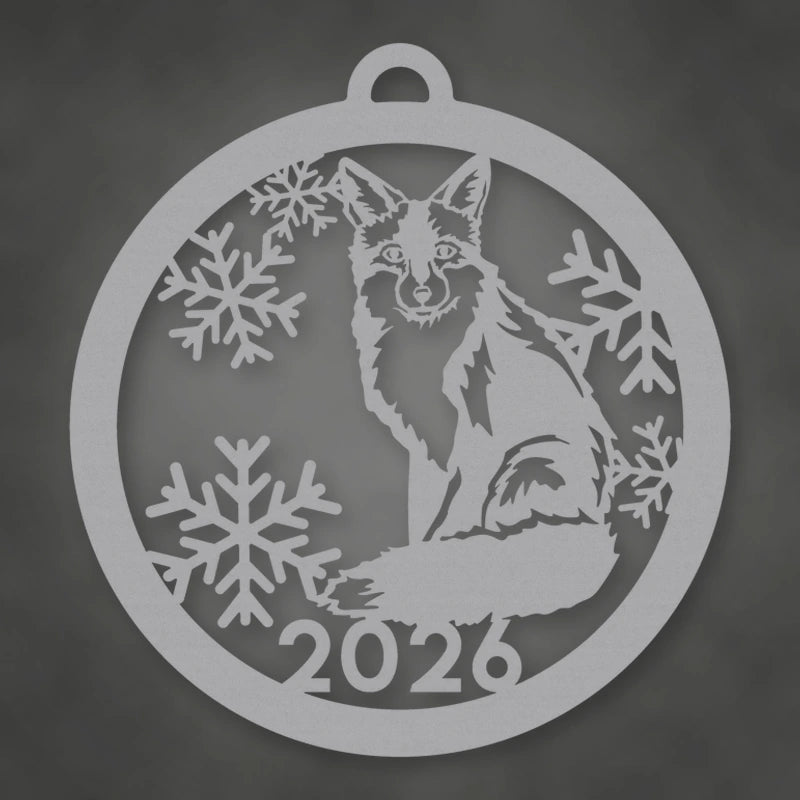 Holiday Fox 2026 Limited Edition Holiday Ornament shown in Metallic Silver powder coat finish.