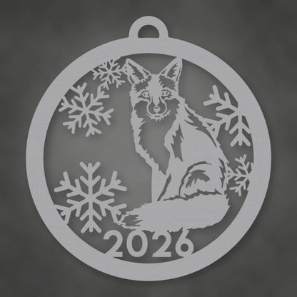 Holiday Fox 2026 Limited Edition Holiday Ornament shown in Metallic Silver powder coat finish.
