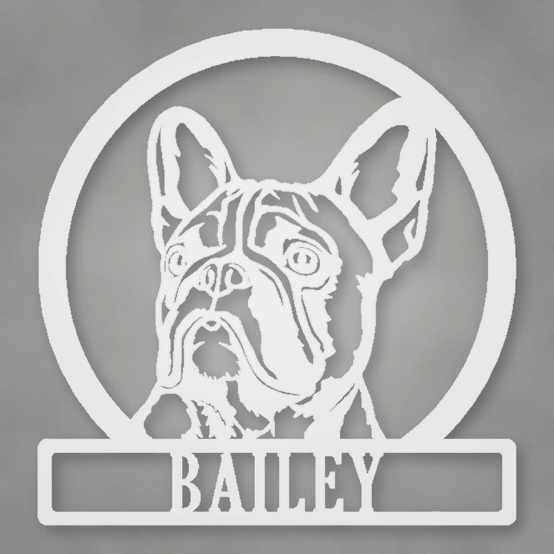 French Bulldog Silhouette With Personalized Name Metal Sign shown in Gloss White powder coat finish.