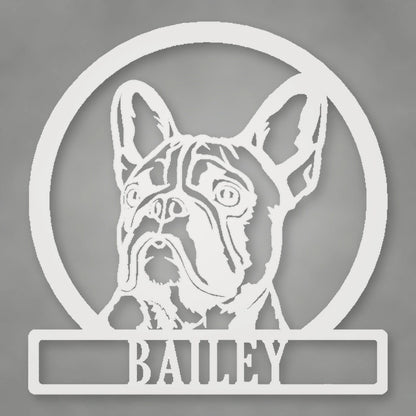 French Bulldog Silhouette With Personalized Name Metal Sign shown in Gloss White powder coat finish.